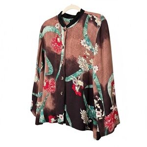 Citron Santa Monica Silk Floral Button Front Art Lagenlook Blouse – 1X